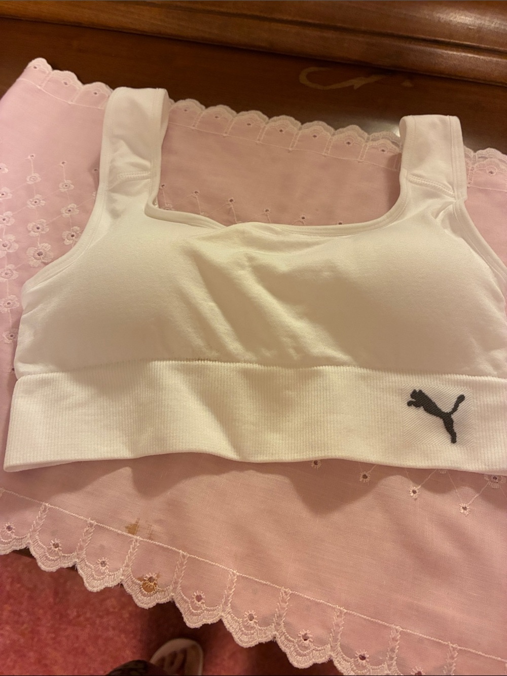 Puma White Ribbed Support Sports Bra with Black Logo